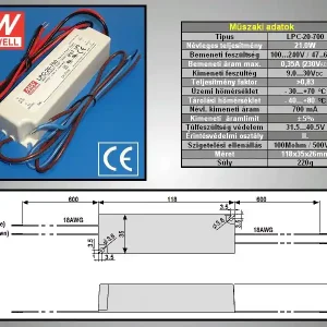 Újdonság LED áramgenerátoros tápegység 20W/700mA P.SUP.LPC20700