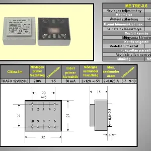 TRAFO 230VAC / 2x12VAC 0.6VA TRAFO12VX2/0.6 Korlátozott ajánlat