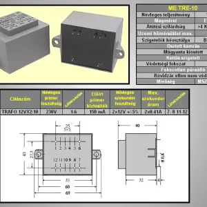TRAFO 230VAC / 2x12VAC 10VA TRAFO12VX2/10 Akció