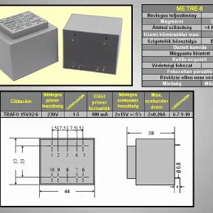 TRAFO 230VAC / 2x15VAC 6.0VA TRAFO15VX2/6.0 Vedd meg most