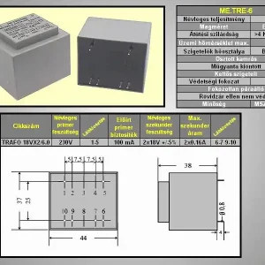 TRAFO 230VAC / 2x18.0VAC 6.0VA TRAFO18VX2/6.0 Gyors szállítás