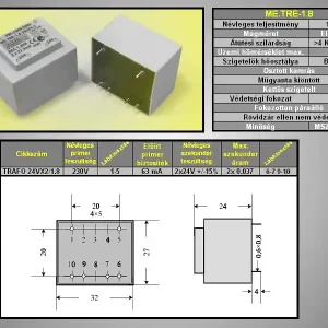 TRAFO 230VAC / 2x24VAC 2x037A 1.8VA TRAFO24VX2/1.8 Olcsó