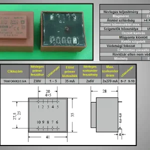 TRAFO 230VAC / 2x6VAC 2x0.27A 3.5VA TRAFO6VX2/3.5/A Csak ma