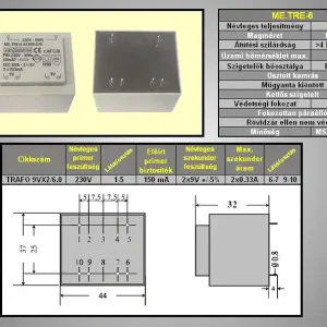 TRAFO 230V / AC 2x9.0V 6.0VA TRAFO9VX2/6.0 Eredeti