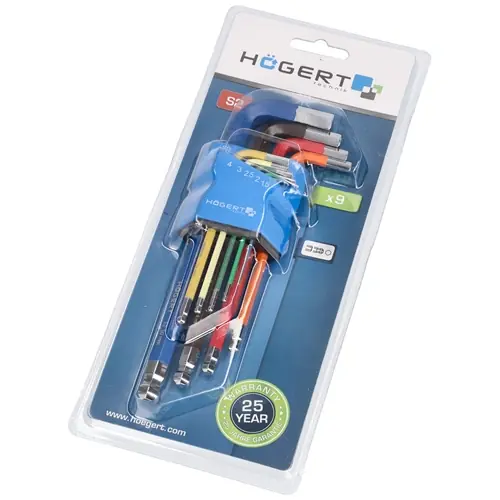 Biztonságos fizetés Imbuszkulcs készlet, 9 részes, HEX 1,5-10 mm, gömbfejű, színkódos, hosszú, 25 év garancia, HÖGERT HT1W806