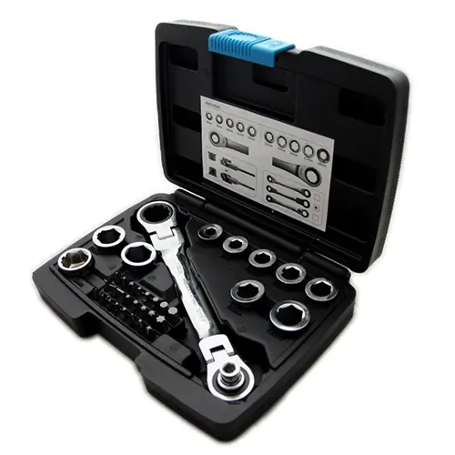 Racsnis, csuklós csillagkulcs cserélhető dugókulcs fejekkel 8-19mm, bitfejek, 36 részes, 25 év garancia, HÖGERT HT1R491 Gyors szállítás