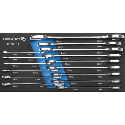 Kedvezmény Villáskulcs készlet, 15 részes, hajlított 15°, 6-32 mm, 395 x 180mm habszivacsban, HÖGERT HT7G145 / RENDELÉSRE