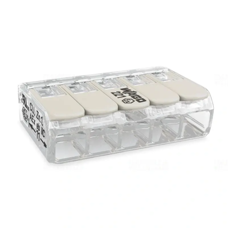 WAGO 221-485 Vezeték-összekötő, 5-ös átlátszó, robbanásbiztos alkalmazásokhoz, max.4mm2, minden vezetéktipushoz Újdonság