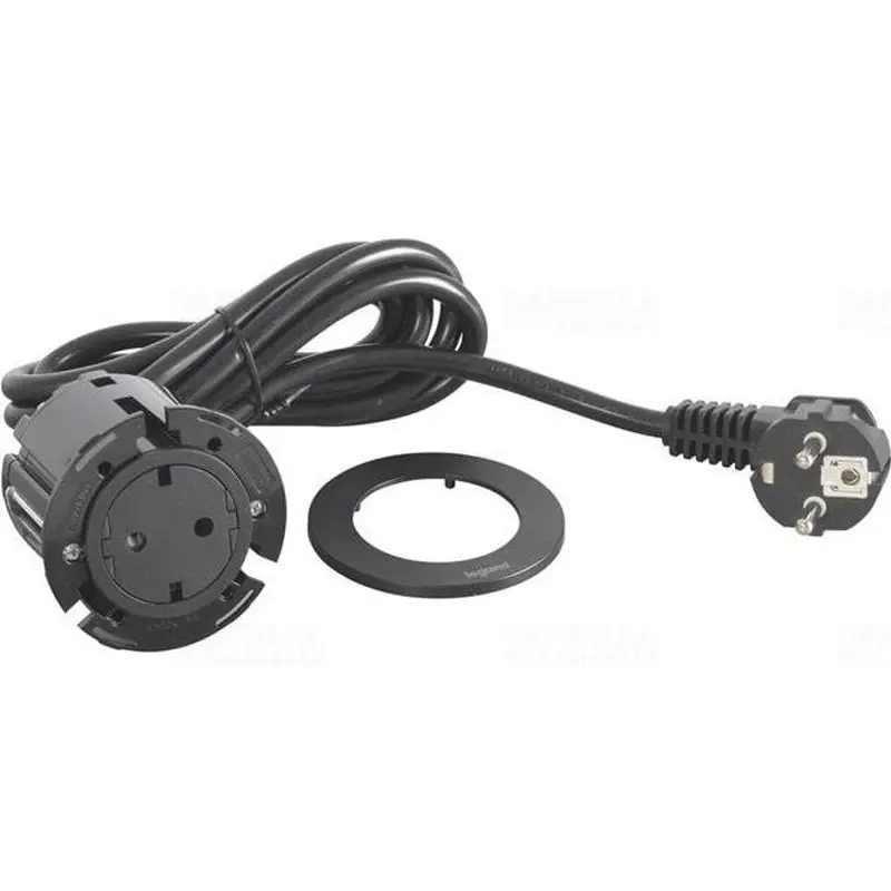 Kiárusítás Leg. 654726 Incara Disq 60 - bútorba süllyeszthető 2P+F csatlakozóaljzat, 2m kábellel, fekete