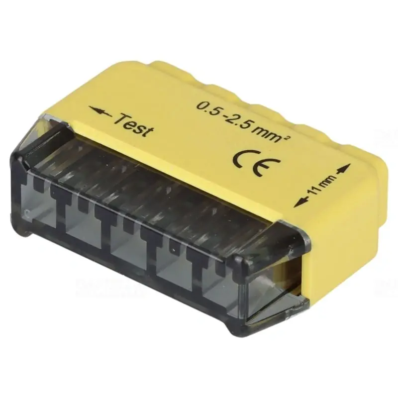 Kiváló minőség Csavar nélküli vezetékösszekötő, sárga 5×0,5-2,5mm2, 16A RVU2,5-5 Tracon