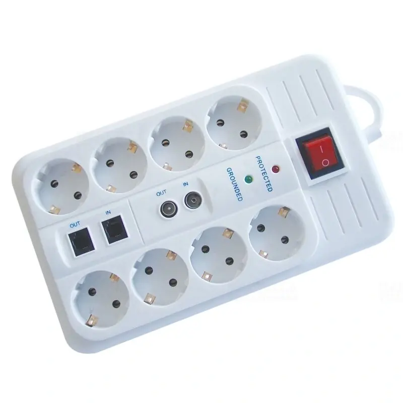 Hálózati elosztó8db aljzat 3fm vezetékkel, kapcsolóval, túlfeszültség- túláram védelemmel+koax+telefon aljzattal 16A, 3680W HNKTM8-3M-KT Tracon Alacsony ár